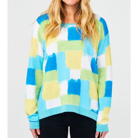 Edinburgh Knitwear Blue Yellow Squares Crewneck Sweater S NWT - Picture 2 of 11